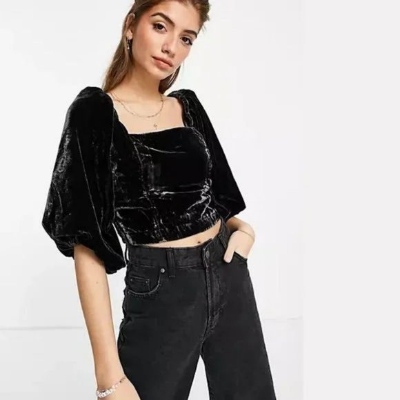Free People Tops - Free People Velvet Marie Crop Top Blouse Open Back Balloon Sleeve